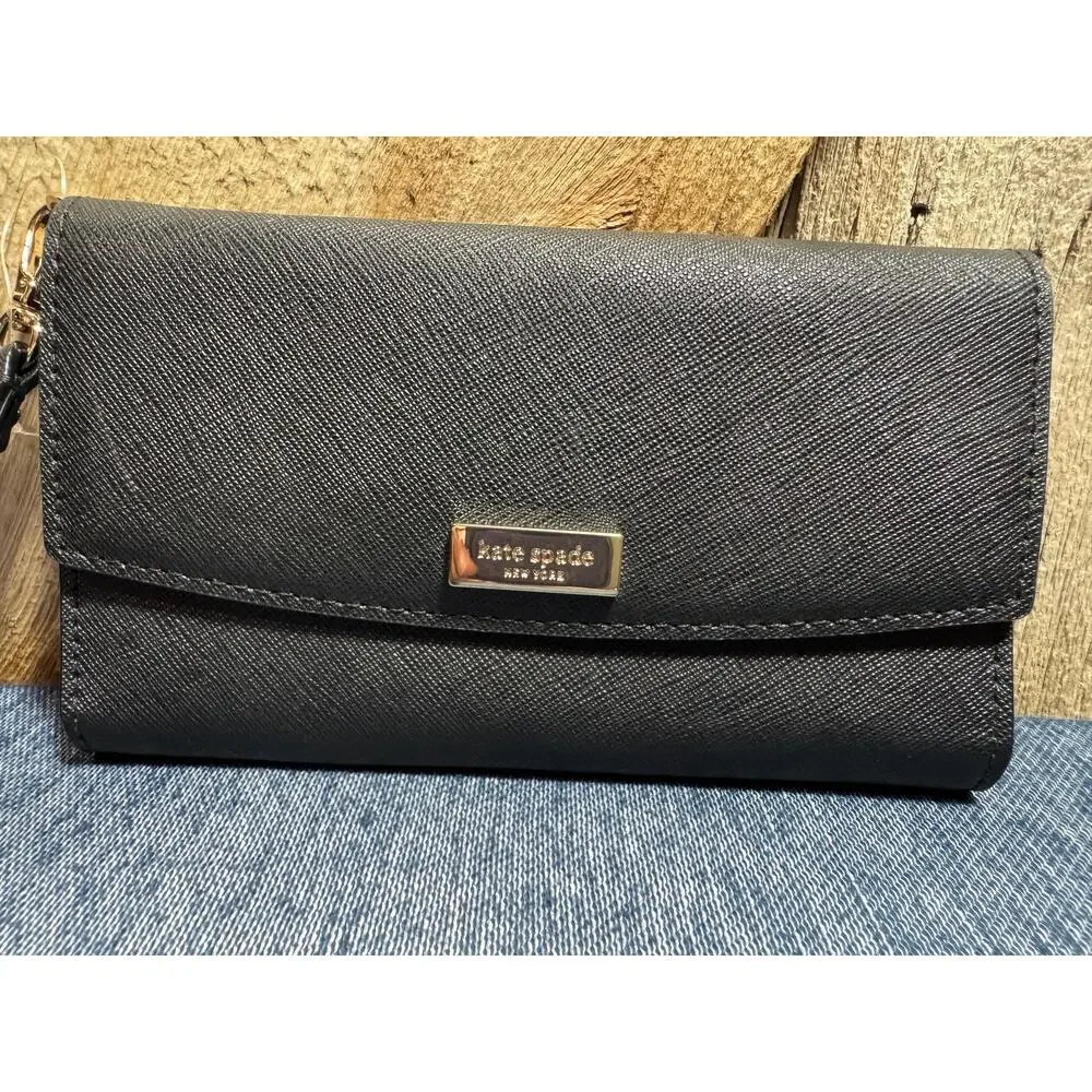 Black Kate Spade Saffiano Leather Trifold Wallet Gold-Toned Logo Plaque
